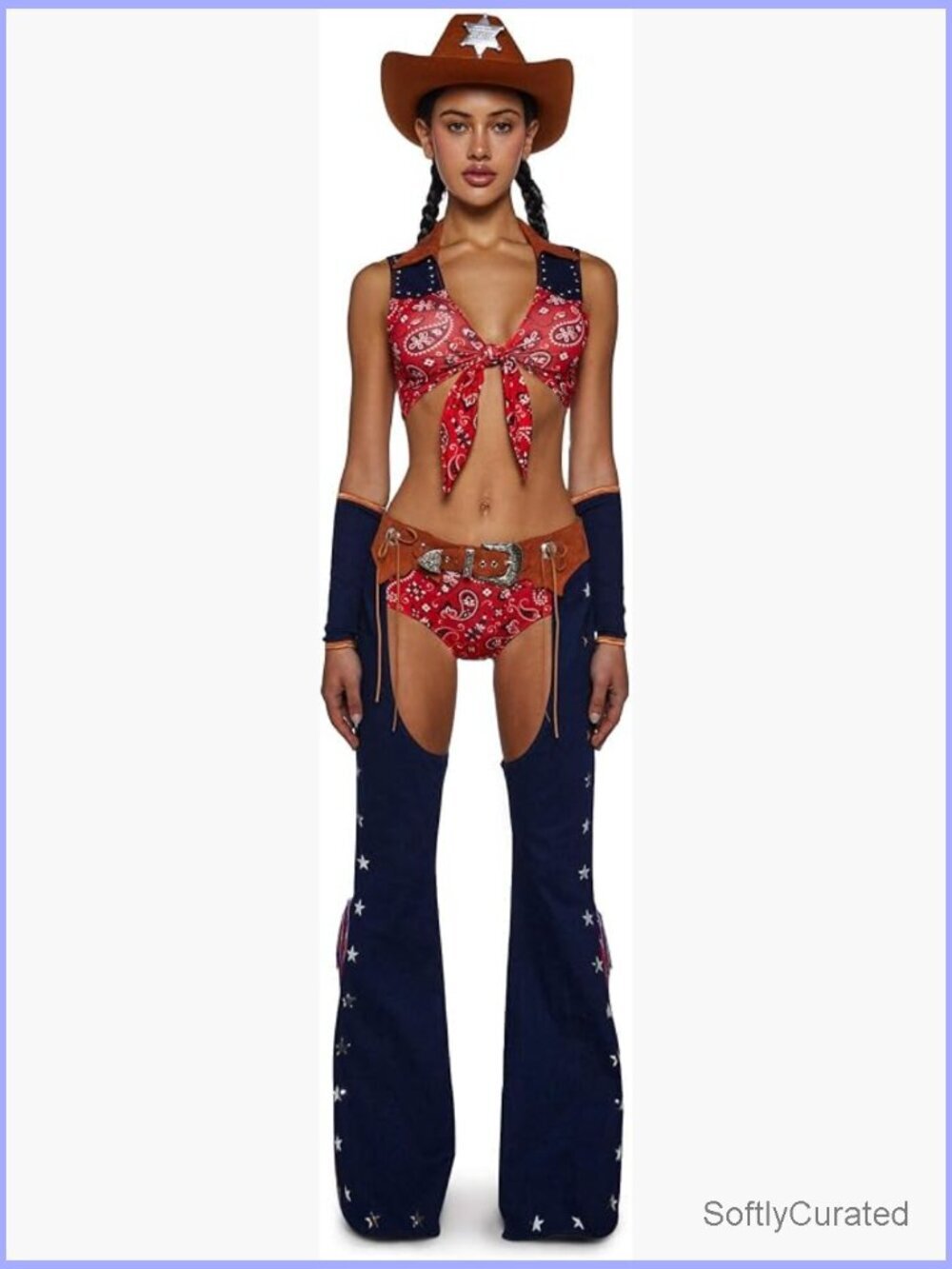 Cowgirl Costume Set Crop Top Chaps Hat Fringe Denim Suede